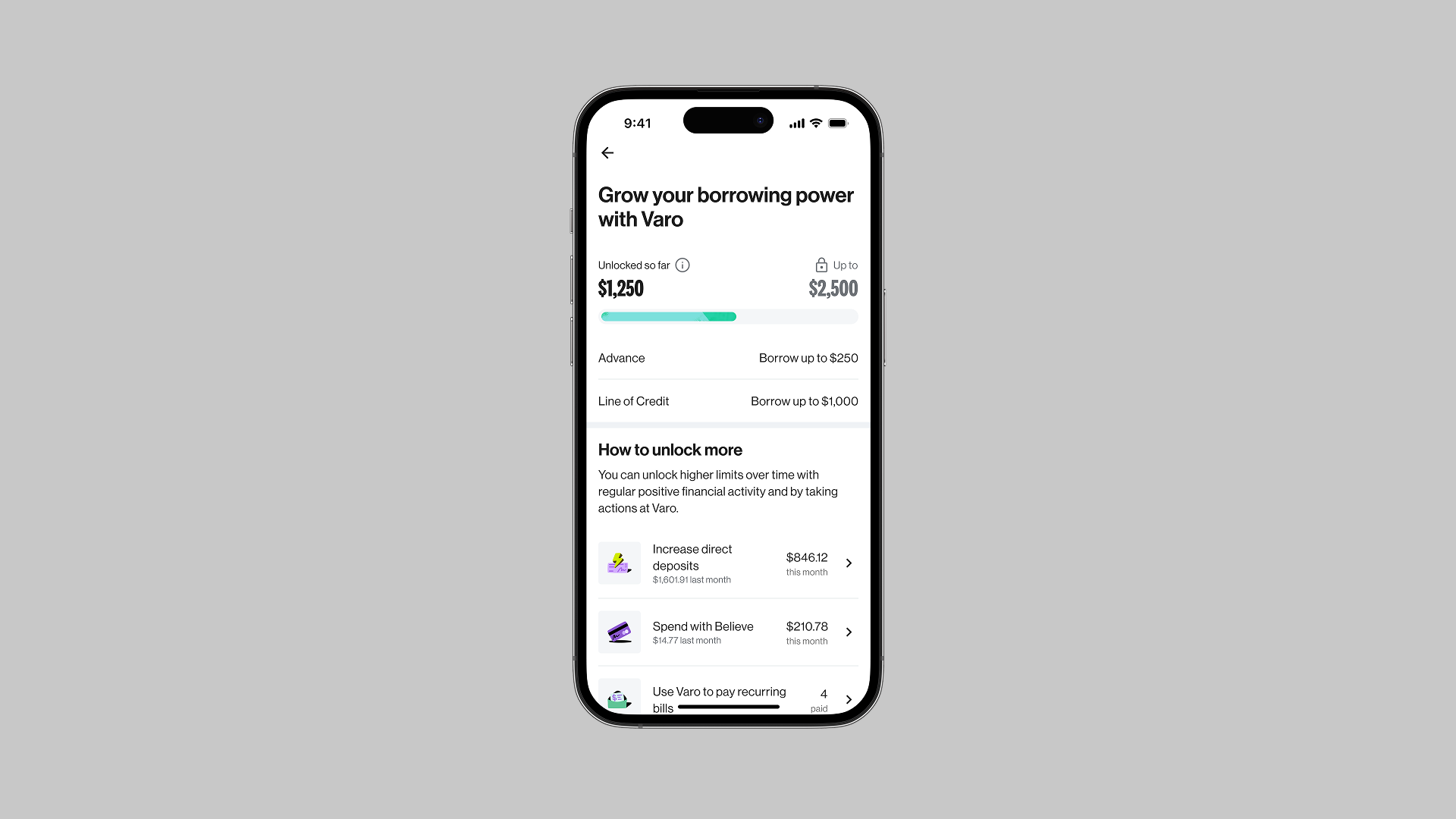Varo Borrowing Power interface details