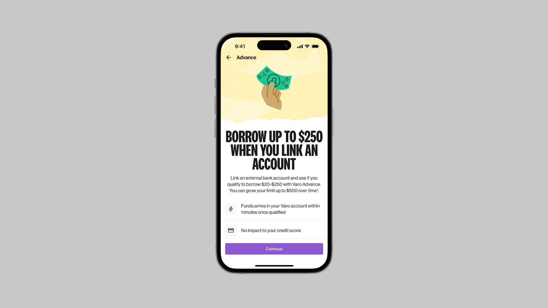 Varo Advance app interface showing 'Borrow up to $250 when you link an account' with details about the service