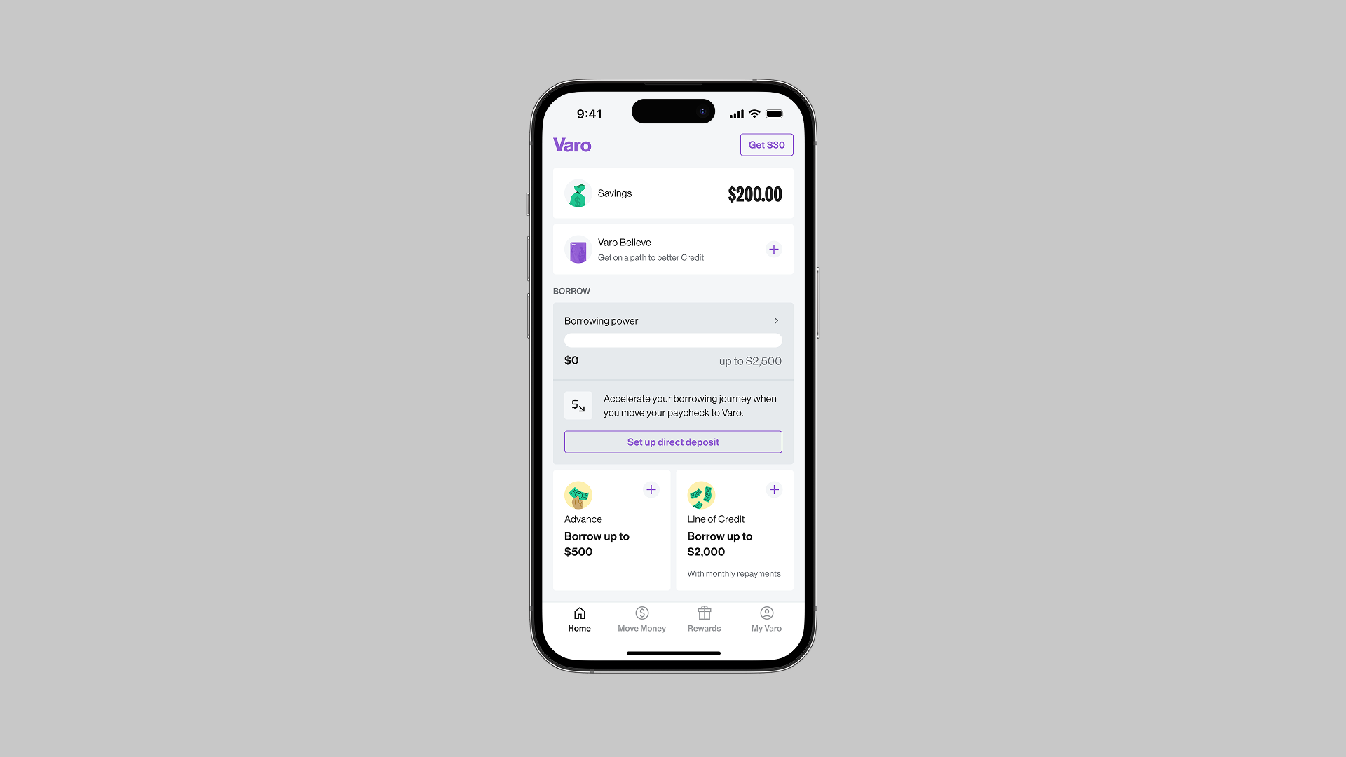 Varo app interface showing borrowing options including Advance (borrow up to $500) and Line of Credit (borrow up to $2,000)