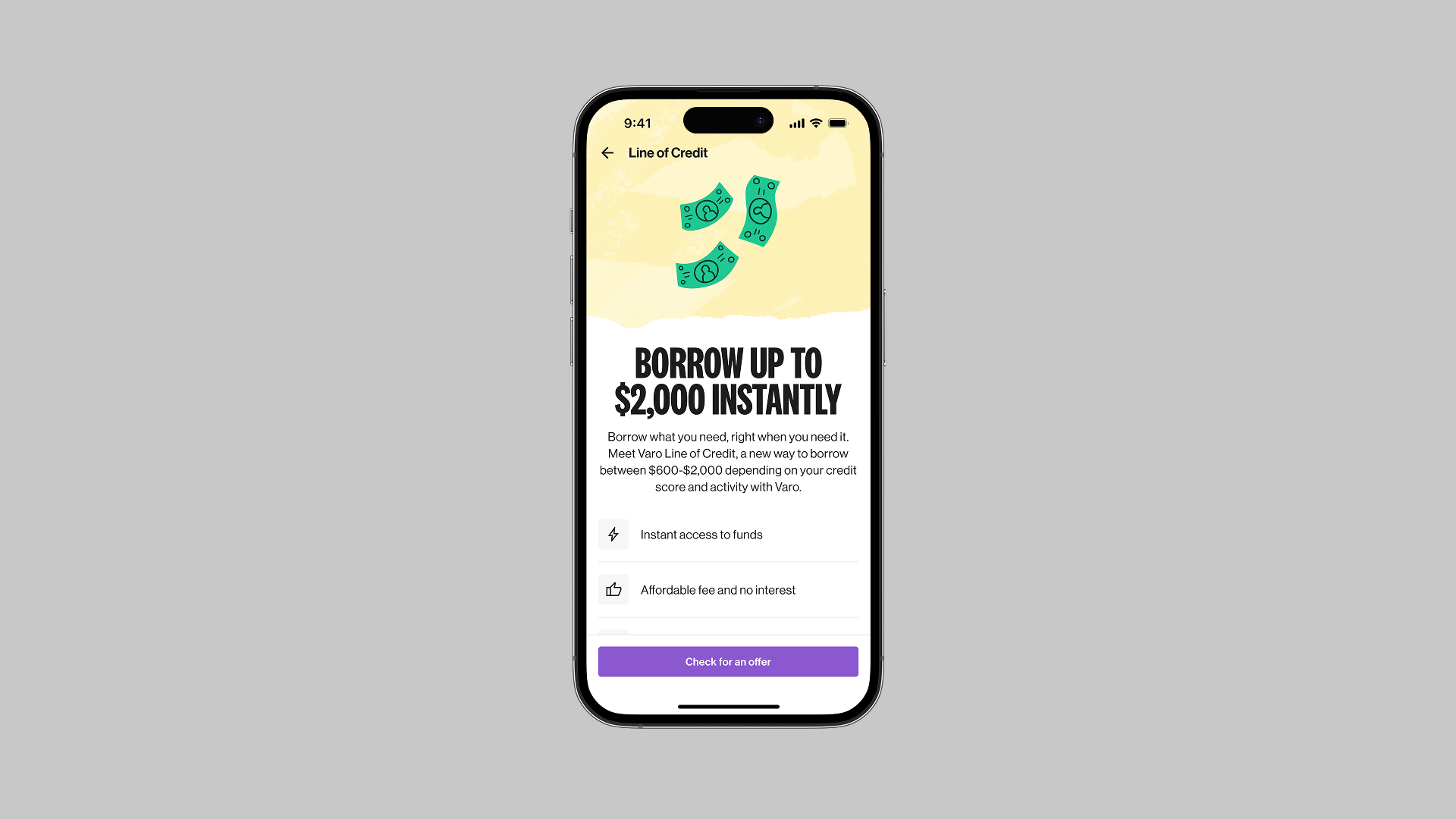 Varo Line of Credit mobile interface showing 'Borrow up to $2,000 instantly' with instant access to funds and affordable fee features